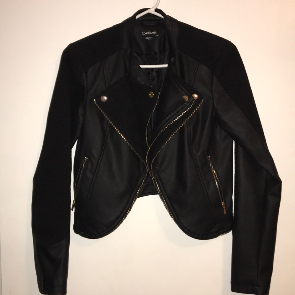 bebe Black Faux Leather Moto Jacket with Gold Hardware